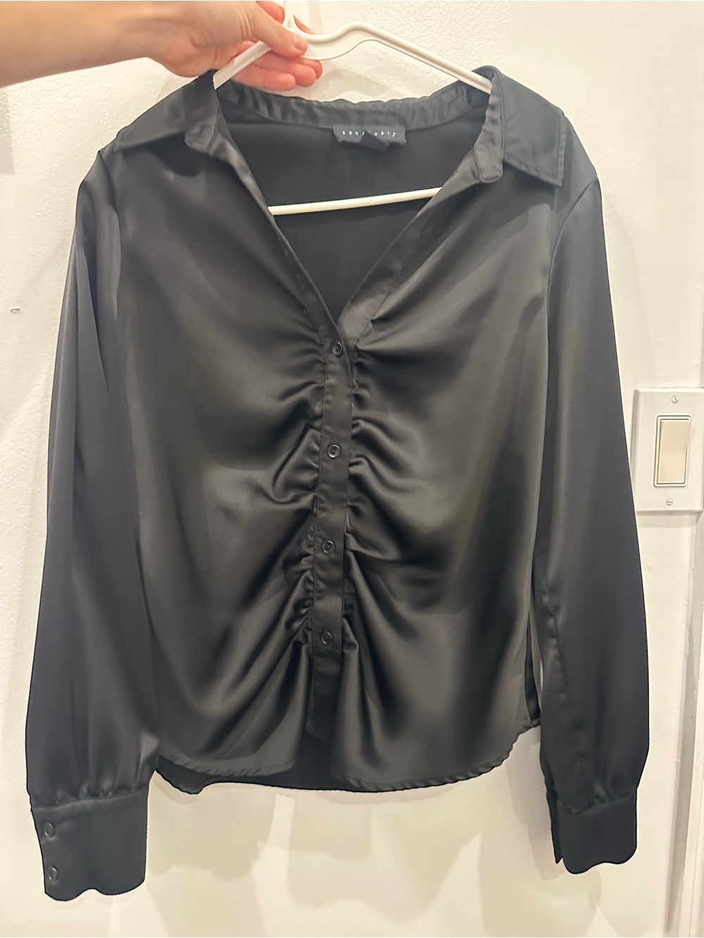 Sanctuary Black Satin Ruched Button-Down Shirt